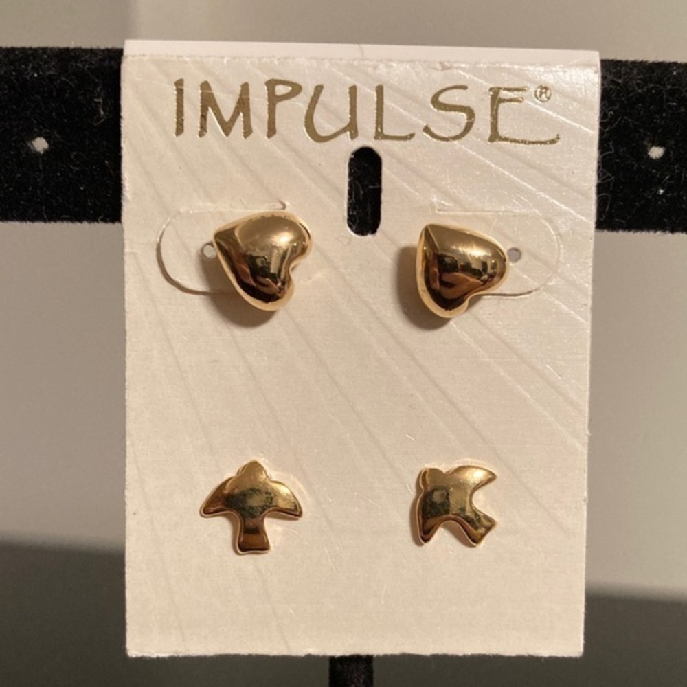 Impulse Gold Heart and Bird Earrings Set